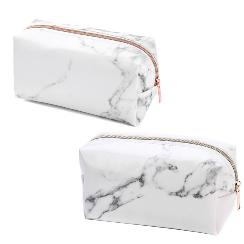 White Marble PU Stationery Pencil Case Pouch Makeup Bag With Zip For Girls Woman's Teenagers