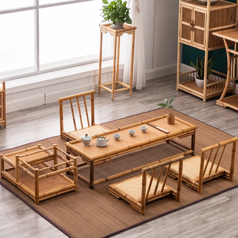 Simple Japanese tatami table, bamboo rattan window, small coffee table, balcony, creative solid wood tea table and chair