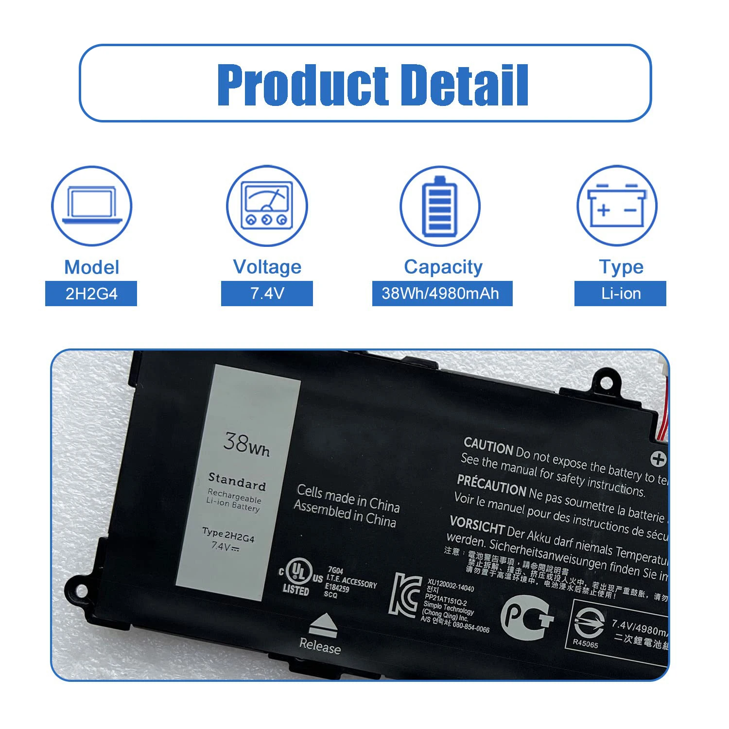 Imagem -02 - Substituição da Bateria do Portátil para Dell Dell Venue 11 Pro 7140 Series Notebook Hfrc3 21cp5 63 105 22172548 7.4v 38wh 4980mah 2h2g4