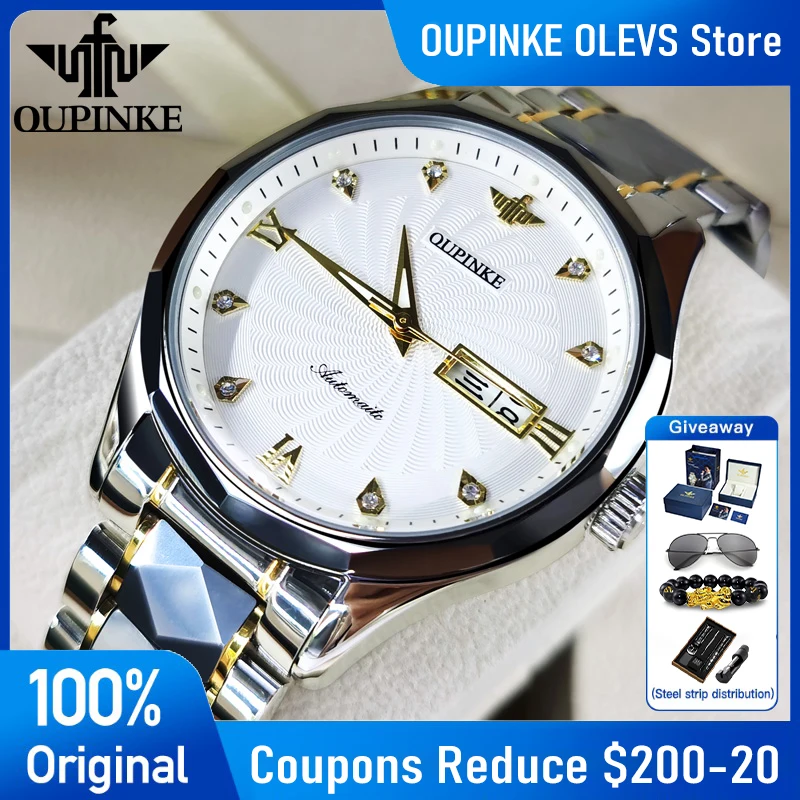 

OUPINKE 3169 Original Luxury Business Automatic Mechanical Watch Tungsten Steel Day Date Watches For Man Free Gift Mens Watch