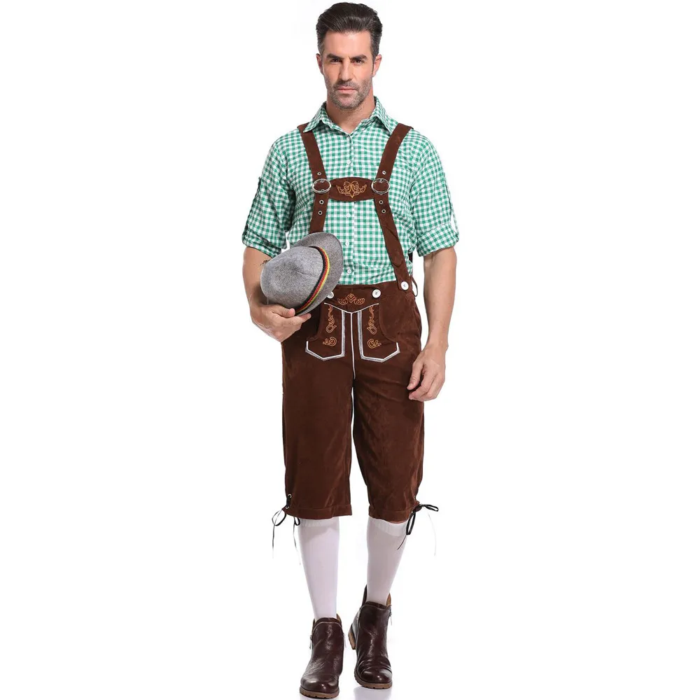 Adult Man Costume Overalls Shirt Hat Suspenders Short Shorts 3Pcs/Set Bavarian Octoberfest German Festival Beer Male Cosplay