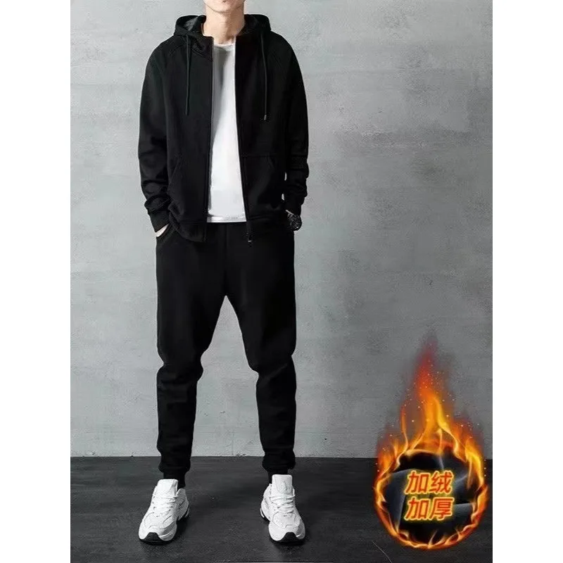Winter/Spring Simple Sports Hooded Men's Set - Korean Style Loose Large-Sized Trendy Zippered Hooded Sweatshirt and Pants