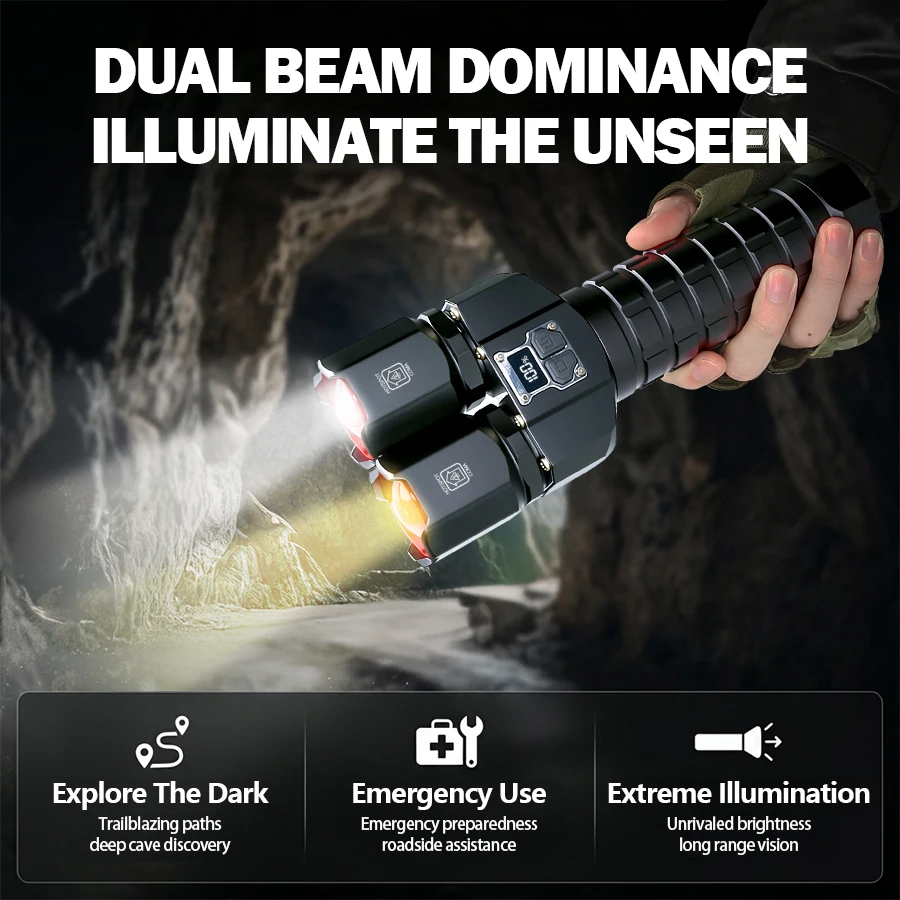 F2 Powerful Dual Light Source LED Flashlight USB Rechargeable Zoom White Yellow Torch Long Range Flashlight With 4*18350 Battery