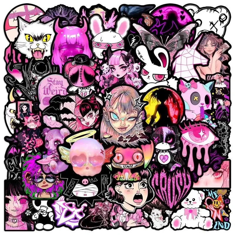 10/25/50Pcs Cartoon Punk Girl Pink and Black Horror Doll Stickers Cool Graffiti Waterproof Sticker