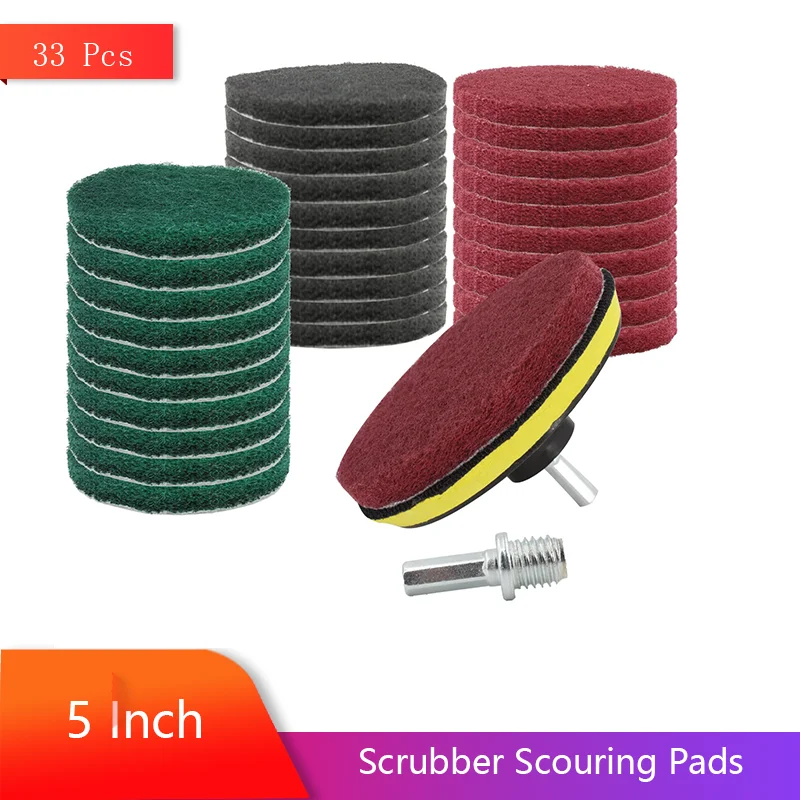 5 Inch Scrubber Scouring Pads 33 Pcs Household Cleaning Kit with Hook and Loop Backing Pad Holder Includes Drill Attachment