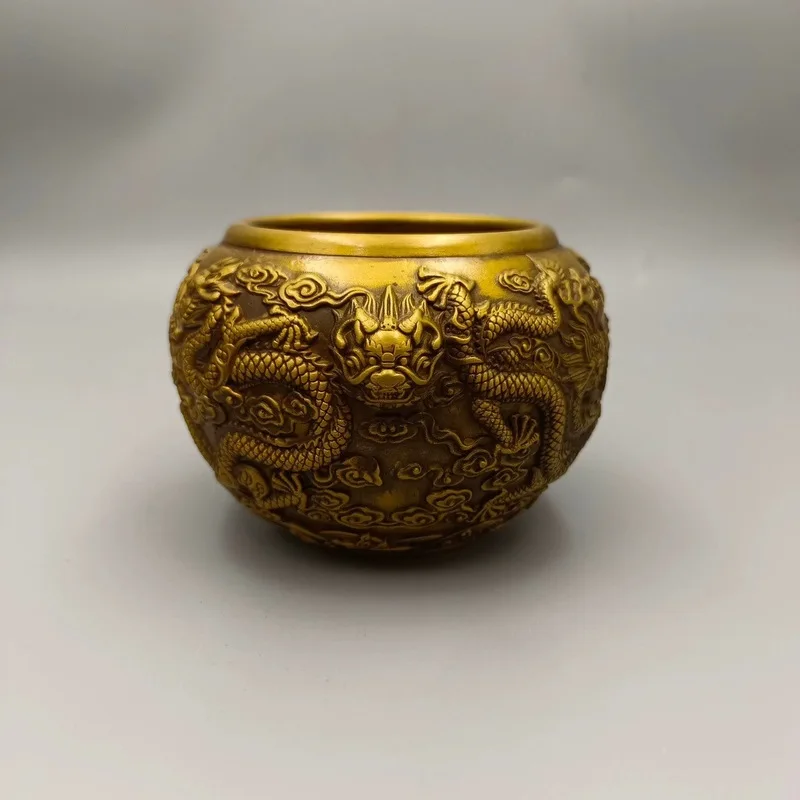 Brass Nine Dragon Tea Jar Chinese Style Home Office Storage Canister Copper Ornament Metal Craft