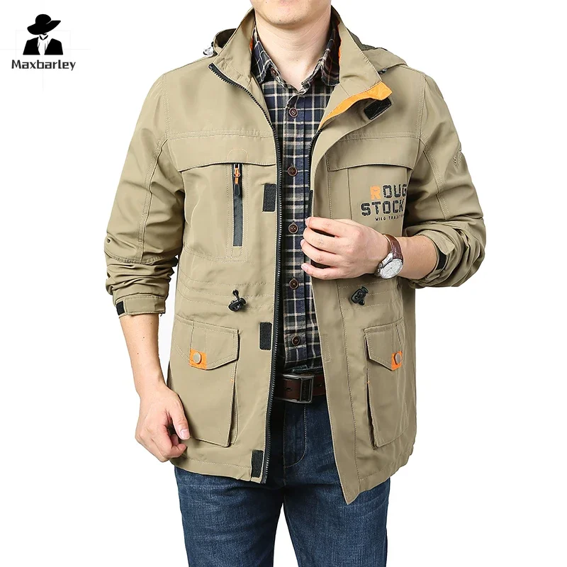 

2024 Autumn Windproof Jacket Men's Fashion Classic Detachable Hooded Windbreaker Men Outdoor Camping Hunting Pocket Trench Coat