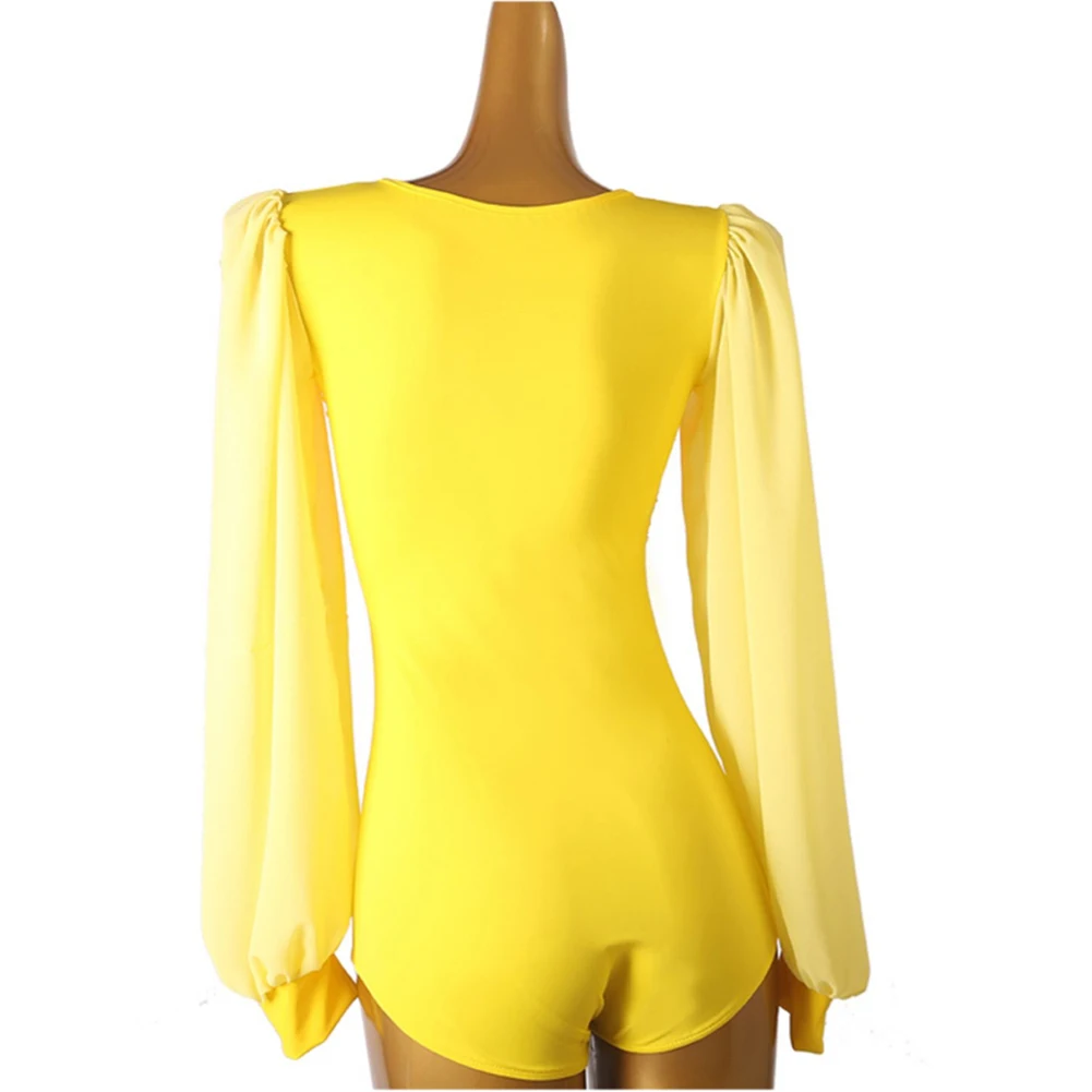 ملابس الرقص النسائية قميص ملابس الرقص اللاتينية المرأة ساحة الرقبة الجسم أعلى كم طويل أصفر سامبا جديد التانغو وصول جديد