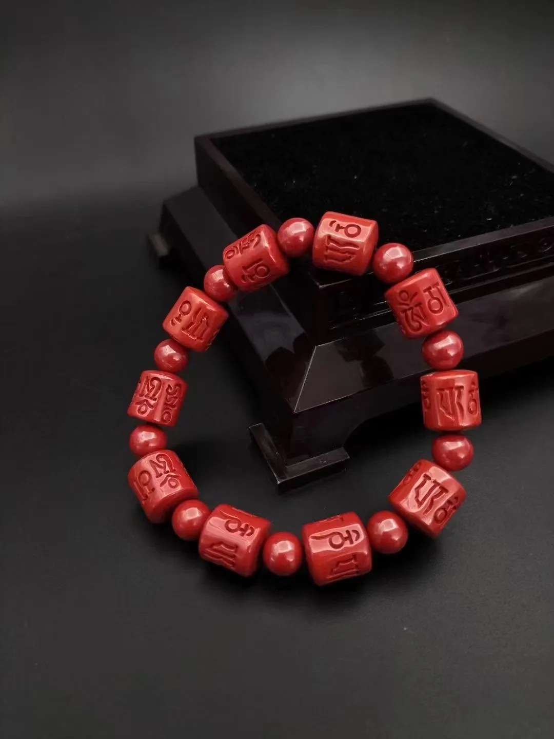 

Natural 100% real red Cinnabar Jade carved Six-word maxim beads bracelets for couples woman men Gift with jade bracelet