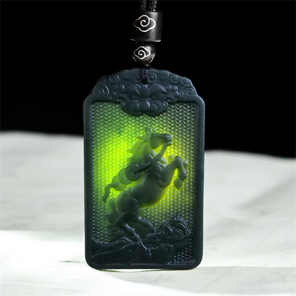 Charm Natural Black HeTian Jade Carved Chinese Coin Horse Lucky Pendant Amulet Necklace Certificate Party Luxury Jade Jewelry