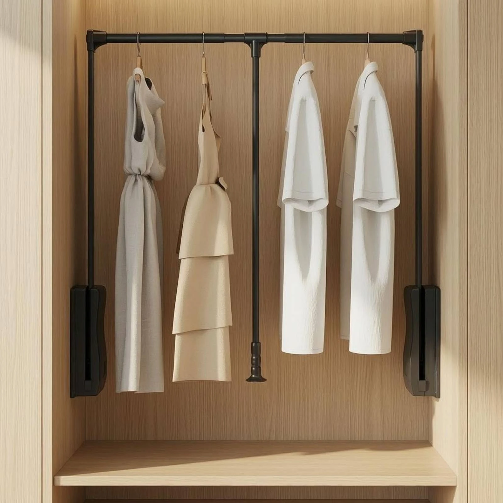 Lift-down Wardrobe Rod Aluminum Alloy Pull-out Hanging Rod Closet Lift Rail Black Finish Damping