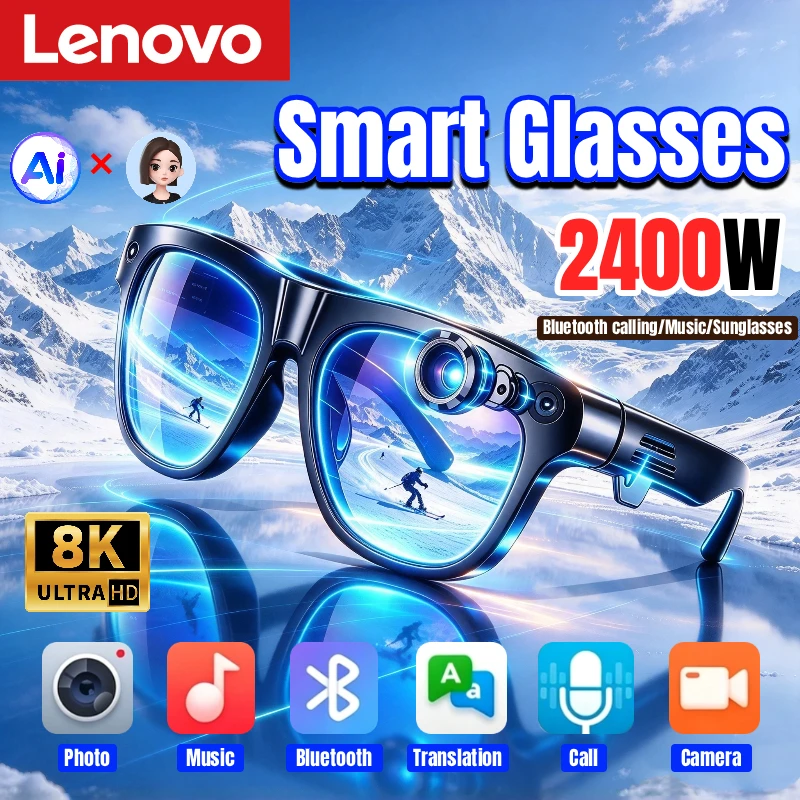 Lenovo 8K Smart AI Glasses 2400MP Translation Bluetooth Conversation Recording Listening To Music Insert Cards Smart Sunglasses