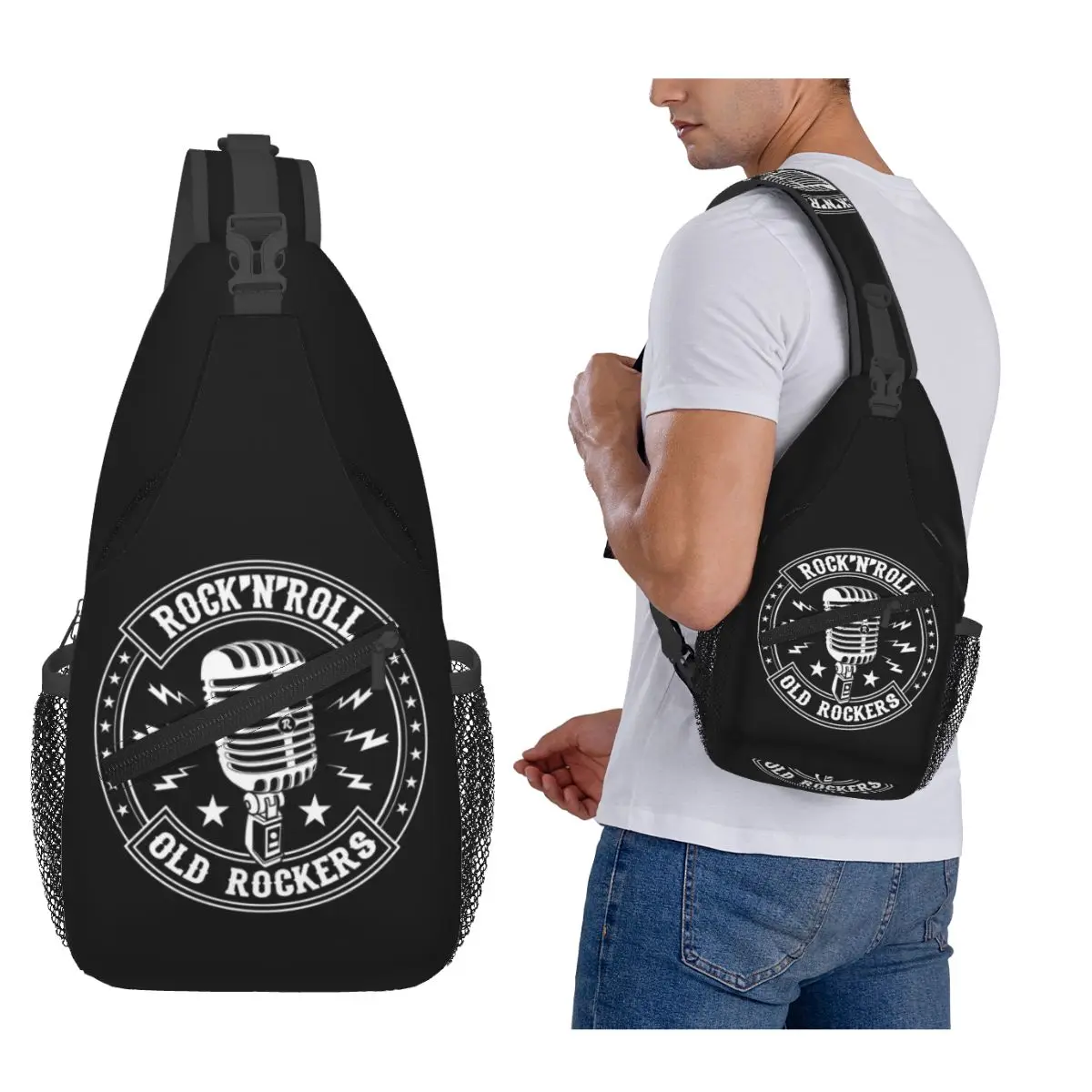 

Microphone Rock And Roll Rockabilly Chest Bag Men Sling Crossbody Backpack Chest Bag Travel Hiking Daypack Shoulder Bag