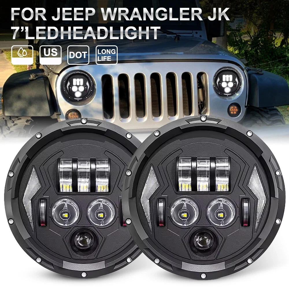 

7" Round LED Headlight H4 Hi-Lo With Halo Angel Eye DOT E9 White Amber For Yamaha Harley Jeep Jk Lada 4x4 Uaz Car Accessories