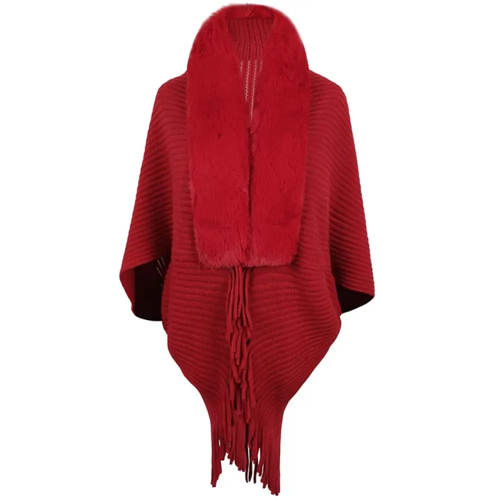 Faux Fur Collar ' Mongolian Poncho Winter Warm Ethnic Style Plush Knitting Wraps Striped Artificial Wool Knitted Cape For