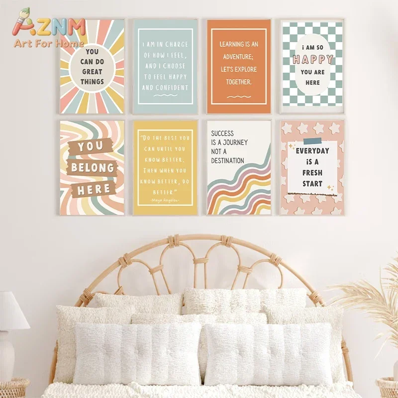 AZNM Boho Pastel Sunburst Canvas Print Positive Inspirational Text Checkerboard Retro Classroom Kids Playroom Wall Poster Unfram
