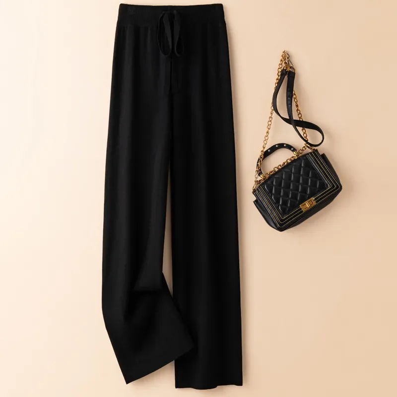 Pantaloni dritti classici con lacci lavorati a maglia solidi Donna Casual Elastico a vita alta Gamba larga Pantalones Autunno Inverno Calca spessa allentata