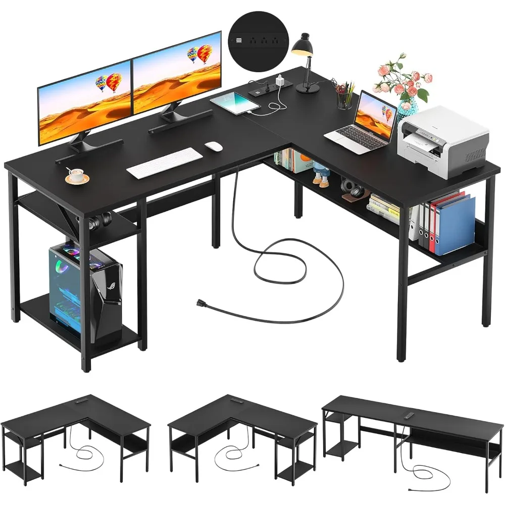 Reversible L Shaped Desk with Magic Power Outlets and USB Charging Ports,with Storage Shelves,Gaming Table  Office Desk,Black