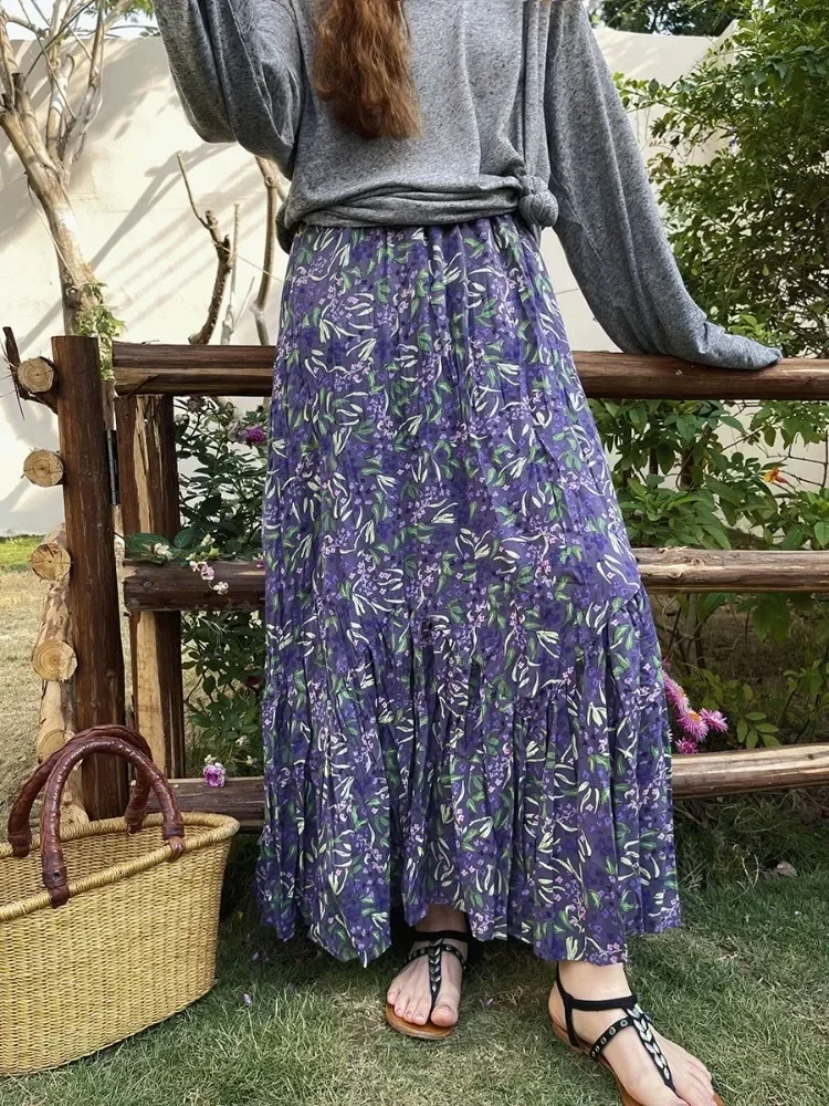 Fashion Vintage Floral Skirt for Women 2025 Summer New High Waist A-line Skirts Y2k E-Girl Mid-length Loose Faldas Mujer