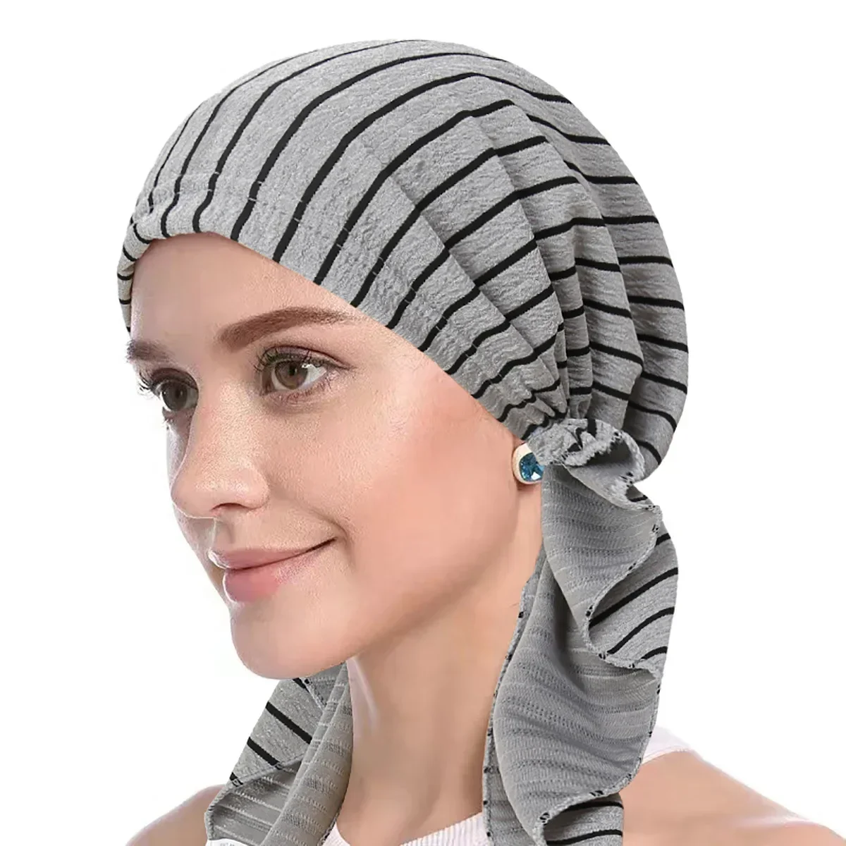 

Women Muslim Turban Hijab Cancer Chemo Hat Stripes Cap Hair Loss Cover Headwrap Scarf Stretch Bandana Wrap Pre-Tied Headwear New