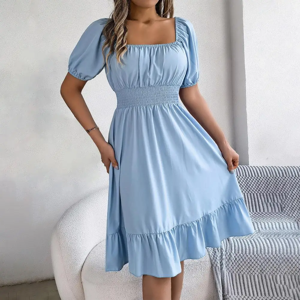 

Ol Commuting Dress Elegant Square Neck A-line Midi Dress with Ruffle Patchwork Detail for Women High Waist Pleated for Dating