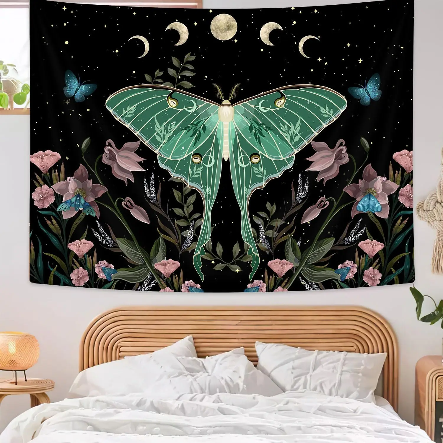 Moon Phase Stars Cute Plants Butterfly Floral Botanical Nature Aesthetic Celestial Wall Tapestries for Bedroom Home Living Room