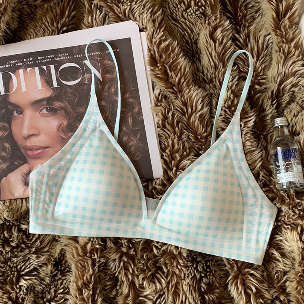 Thin French satin seamless underwear women deep V thin shoulder straps triangular cup glossy anti-sagging breast bra cover 32-38