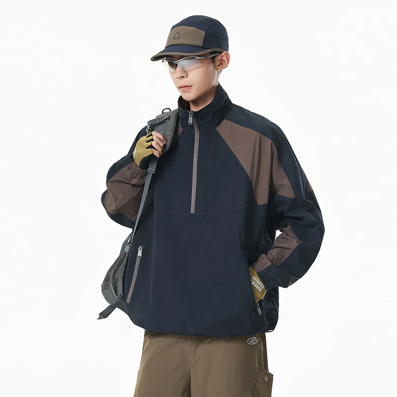 Unisex Color‑blocked Jacket Half Zip Anorak Jacket Loose Stand Collar Windproof Waterproof Outdoor Coat High-Quality Fabric