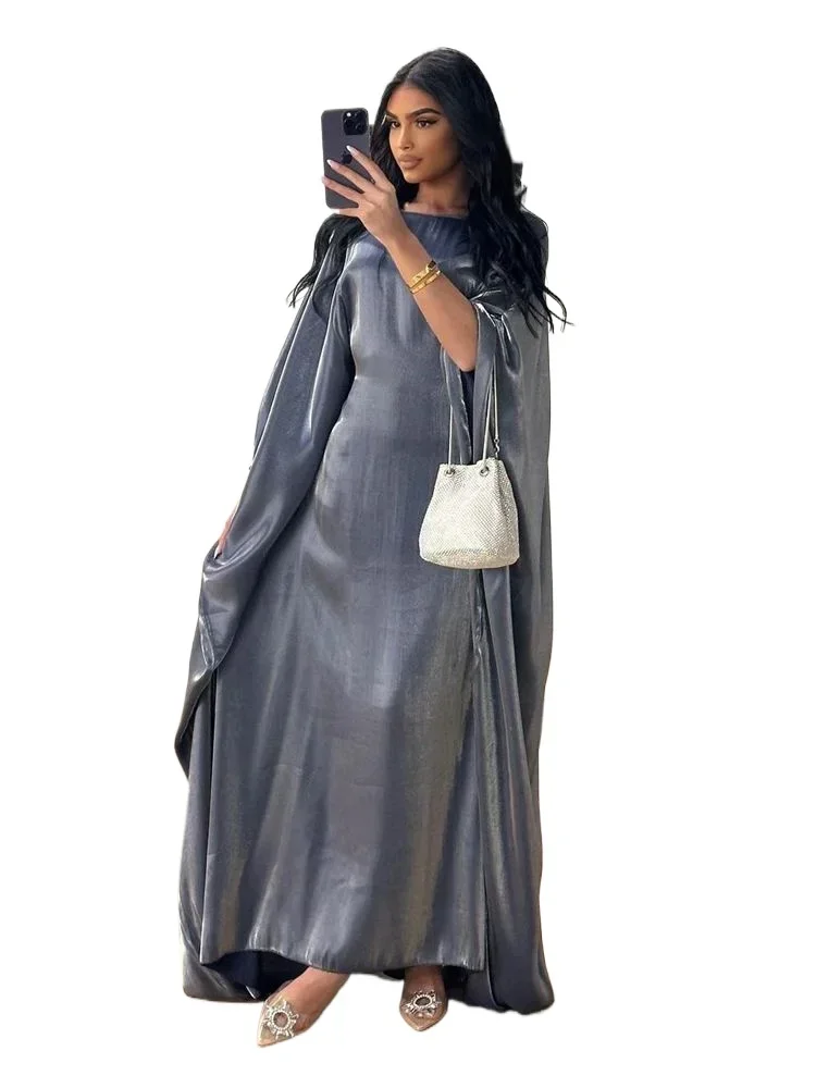 2025 mujeres Islam musulmán Maxi brillante Kaftan vestidos Kebaya caftán Marocain Ramadán Eid verano satén Batwing Abaya Dubai lujo