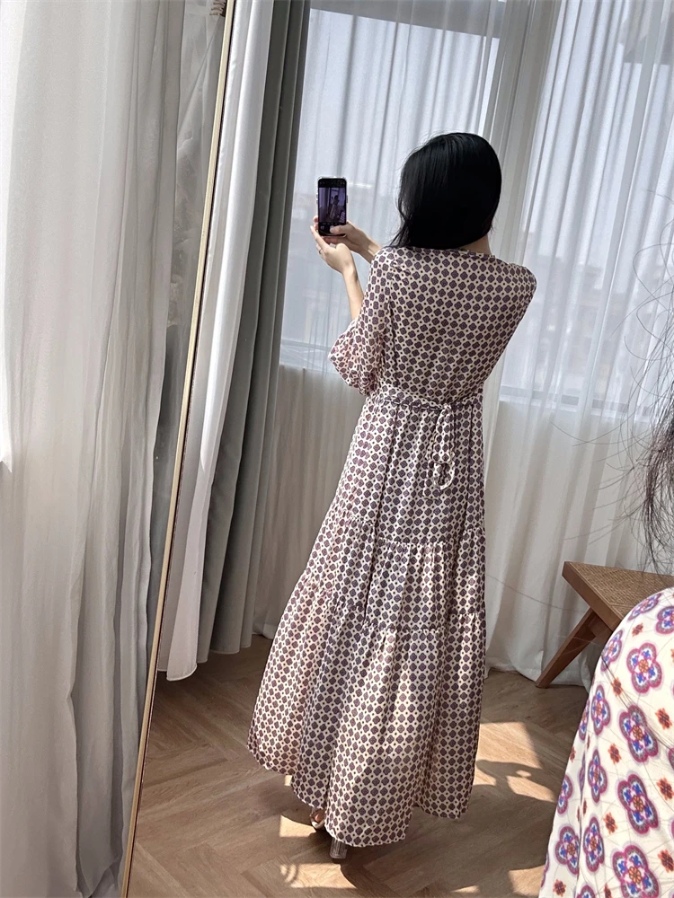 

Self portrait dress Ruffle edge long skirt 2024 new V-neck cross print lace up waist cinching dress elegant vacation style