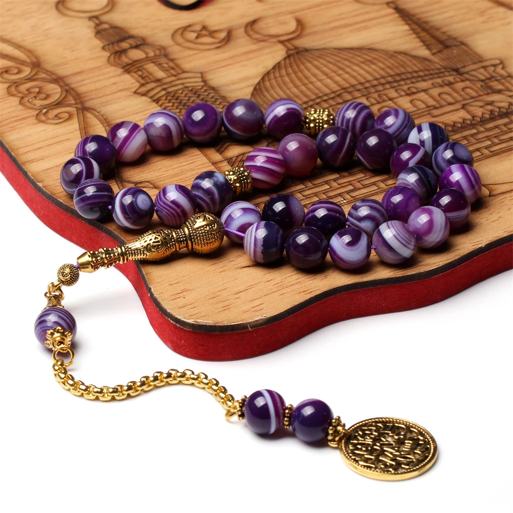 Natural purple Agate rosary Muslim Tasbih gift islam misbaha Man's Onxy prayer beads Eid ramadan Gift for men