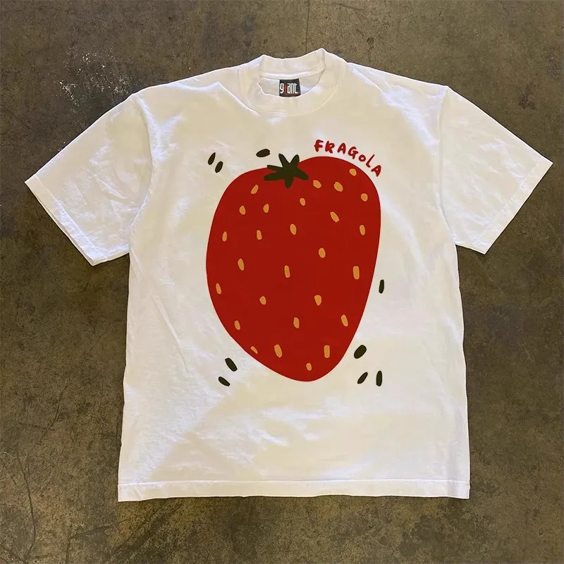 

Heavyweight Pure Cotton round Neck Short Sleeve T-Shirt Large Strawberry Graffiti Unique Design Top Quality DIY Knitting Mate...