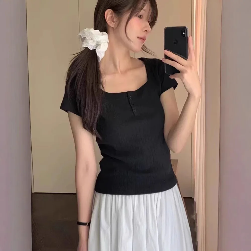 Vergamot25 Zomer Pure Kleur U-Ne Slim Fit Dames T-shirt Casual Sle Ort Sve Gebreide Katoenen Top Klassiek Patroon