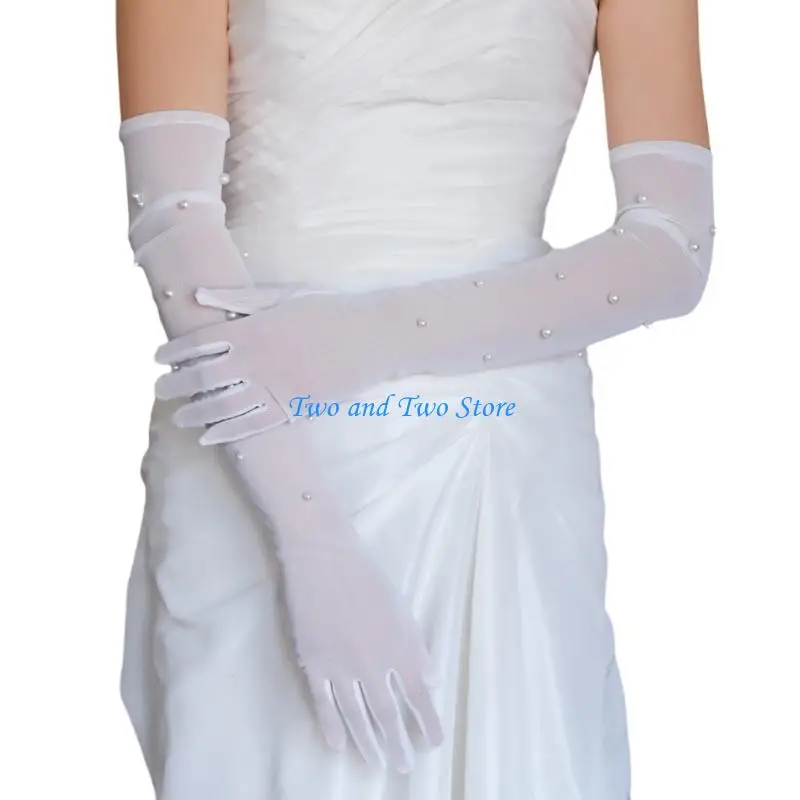 

HX6F Wedding Pearls Gloves Prom Party Full Finger Gloves for Cosplay Operas Wear