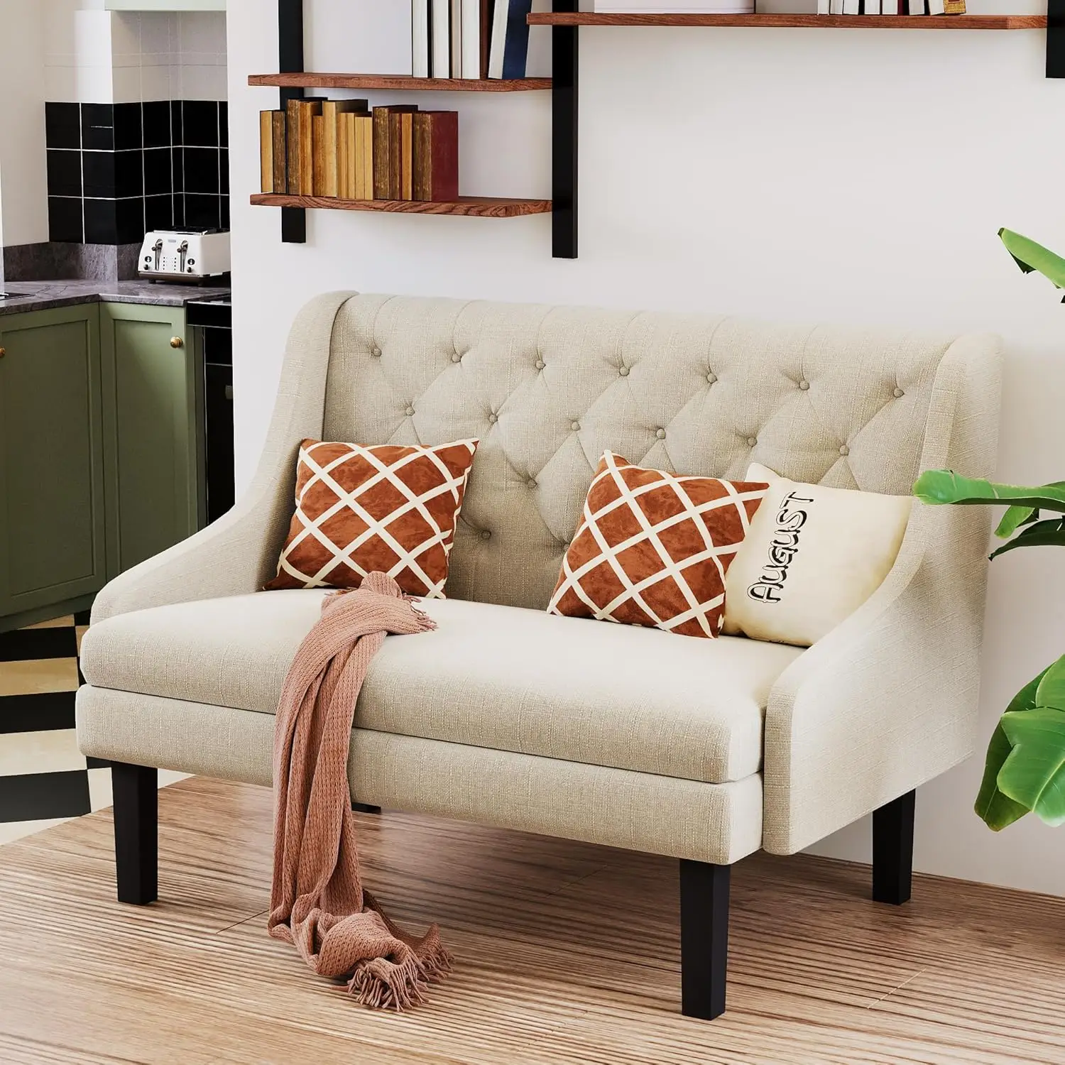 مقعد Loveseat منجد بأزرار خلفية عصرية معنقدة لغرفة الطعام والممر أو الجلوس في المدخل، عاجي