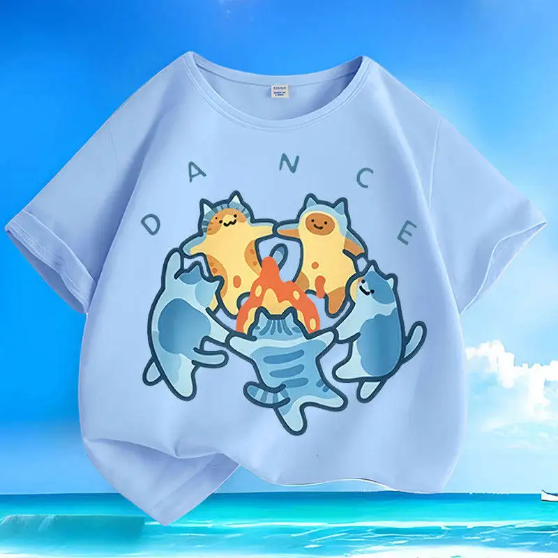 Cotton Summer  Cartoon Bonfire Cat Short Sleeve Men's and Women's Small and Medium Children's Round Neck Casual Parent Child Top