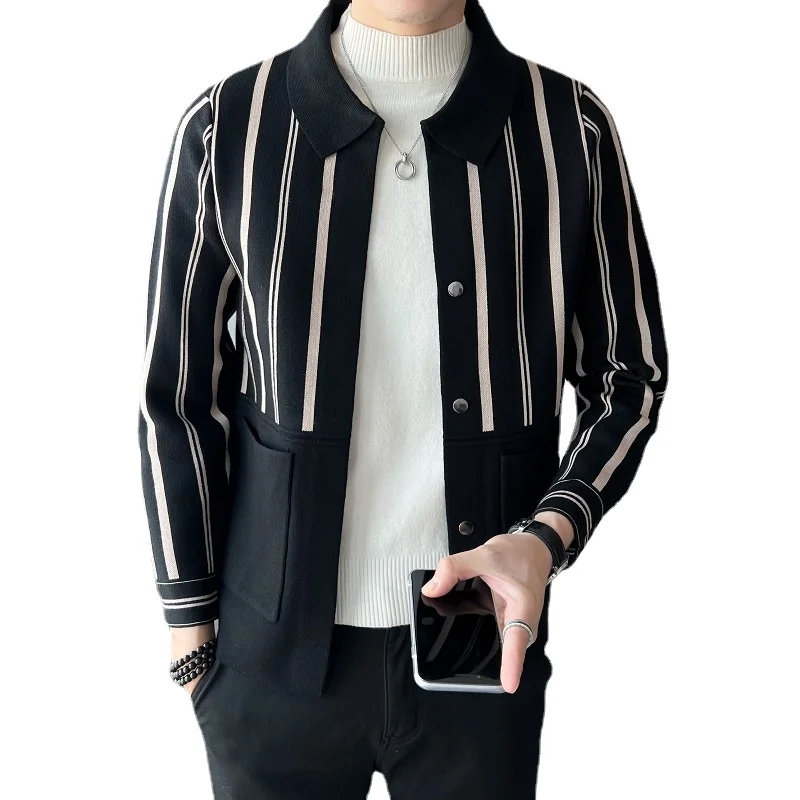 

New Sweater Jacket for Men High Quality Knitted Cardigan Striped Coat Mens Sweater Cardigan