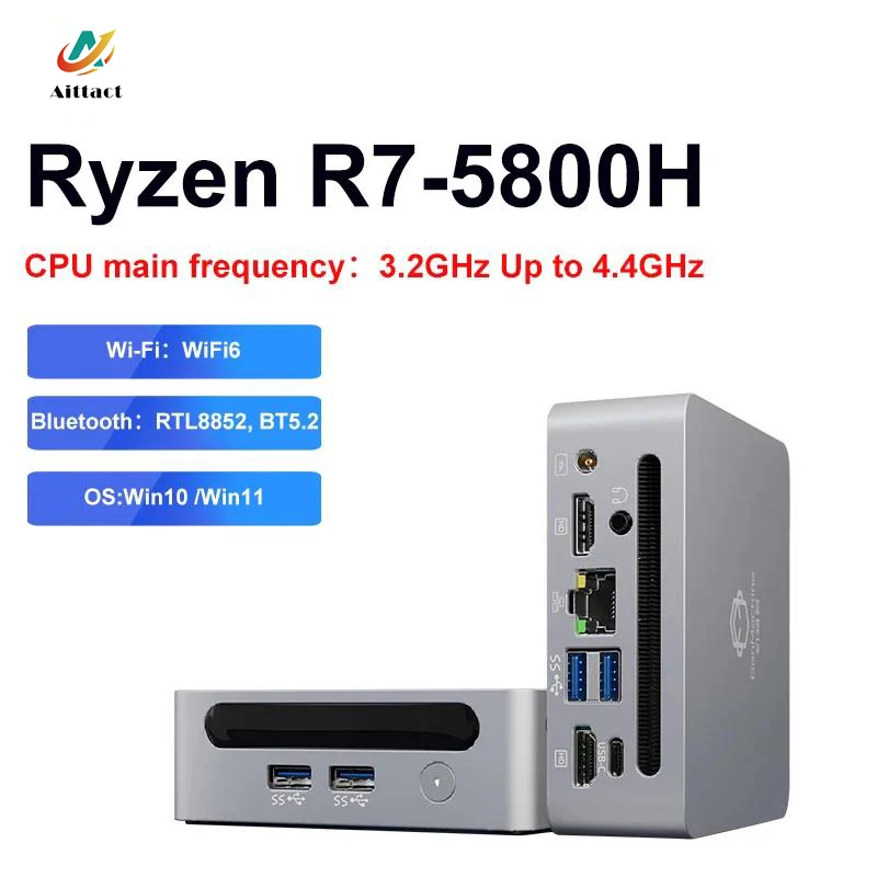 AITTACT nuovo Mini PC Ryzen 9 5900HX ES/Ryzen 7 5800H Windows 11 DDR4 Max 64GB WIFI6 RTL8852, BT5.2 Mini PC computer da gioco fai da te