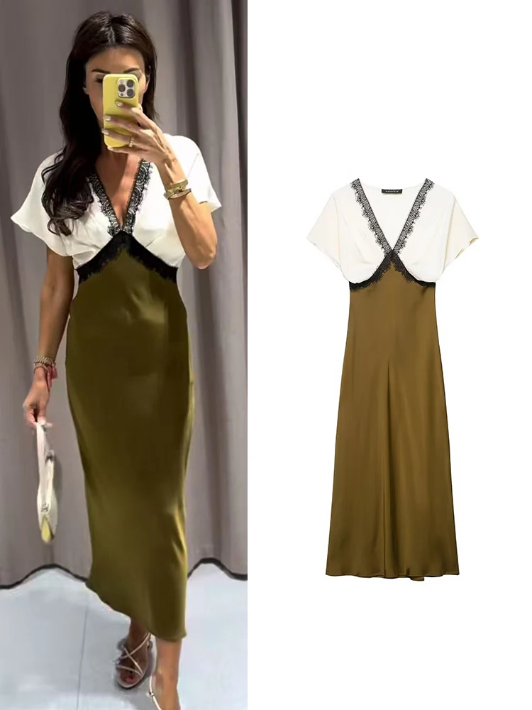 TFMLN المرأة الدانتيل الخامس الرقبة المرقعة فستان موضة عالية الخصر ضئيلة قصيرة الأكمام التباين فستان الحفلات الإناث فستان طويل أنيق #1