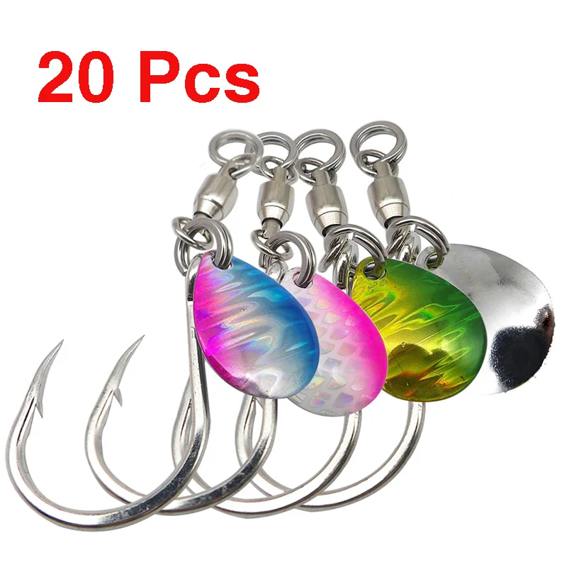 

20 Pcs Jigging Jig Single Hook 1/0 2/0 3/0 4/0 5/0 Auxiliary Light-Emitting Reflector Jigging Madai Assist Tackle Hooks