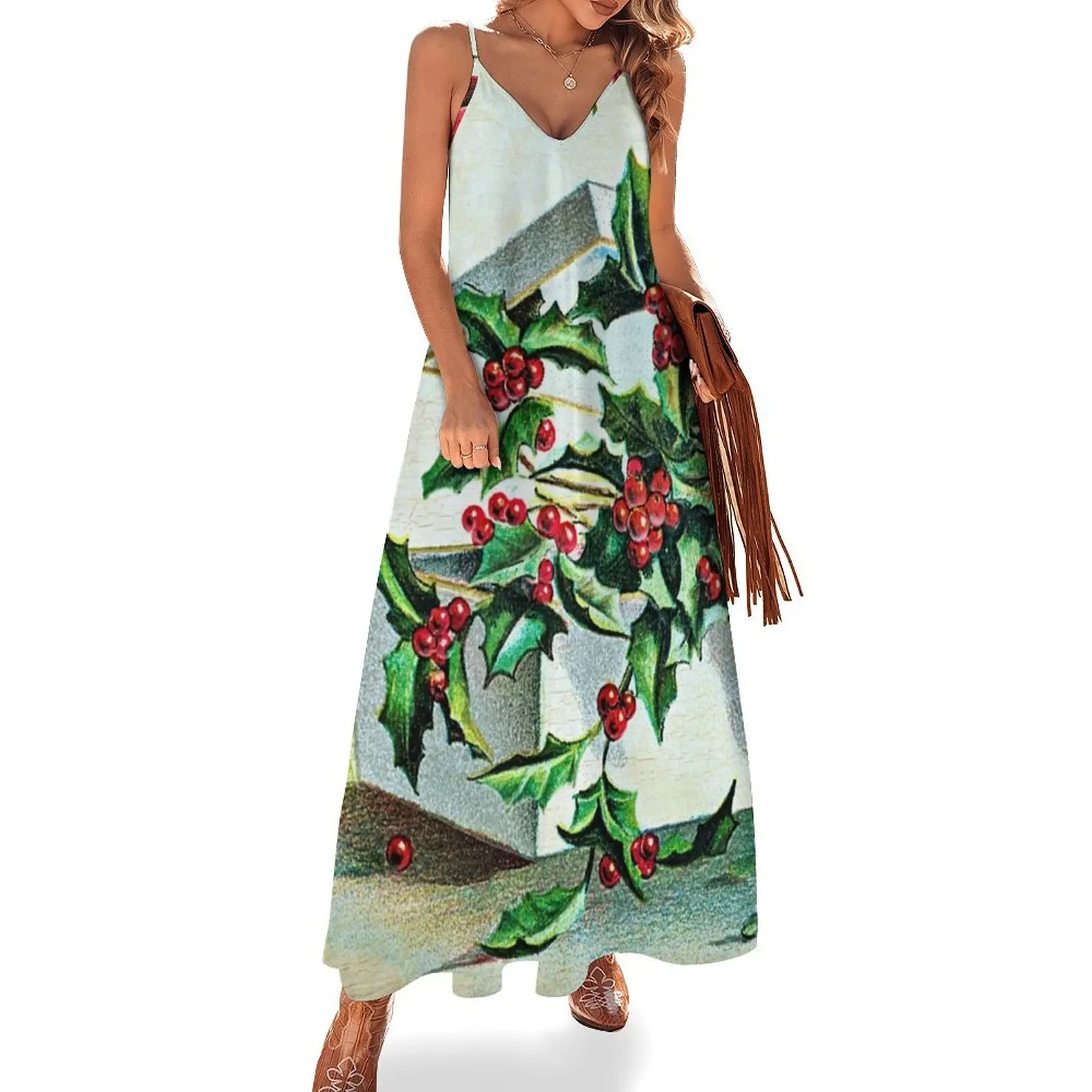 

Traditional Vintage Merry Christmas Illustration Sleeveless Dress evening dresses ladies dresses for prom Dress