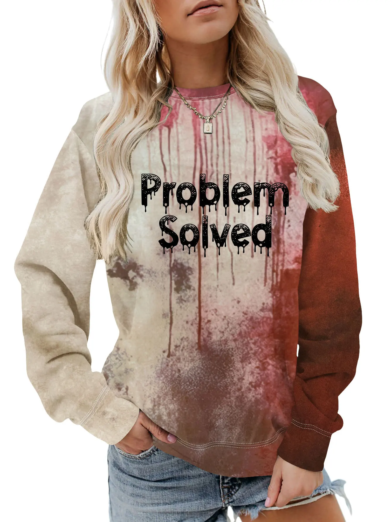 Autumn women's hoodie problem solved top round neck long sleeve pullover fashion personality bloody hoodie new women's casual ti