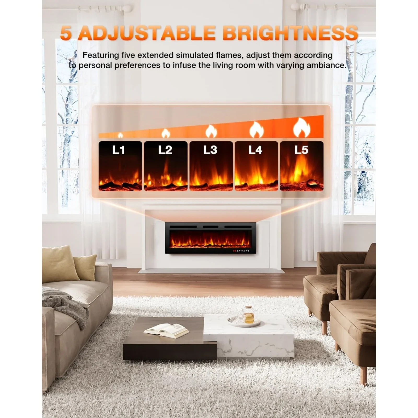 US Electric Fireplace 50Inch,Realistic Flame Electric Fireplace Heater,Log Set/Crystal Flames 750-1500W with Timer Inserts/Wall