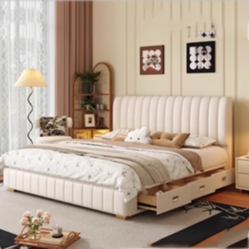

White Luxury Double Bed Frame Simple Minimalist Modern Mattress Double Bed Storage Cheap High Cama Twin Bedroom Furniture Set