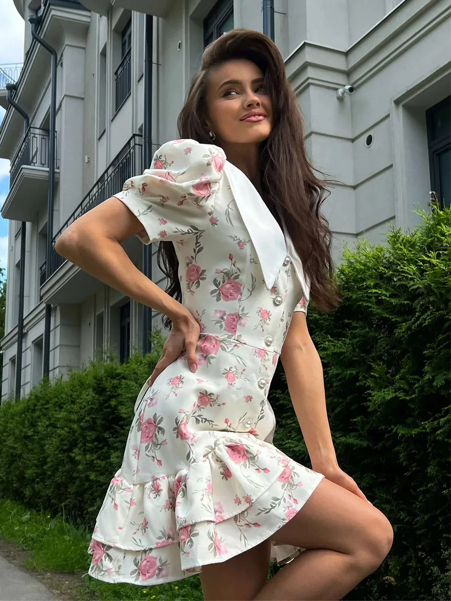V-neck bubble sleeve dress 2025 for Women Elegant Dresses Summer Holiday Floral Printed Short Dress