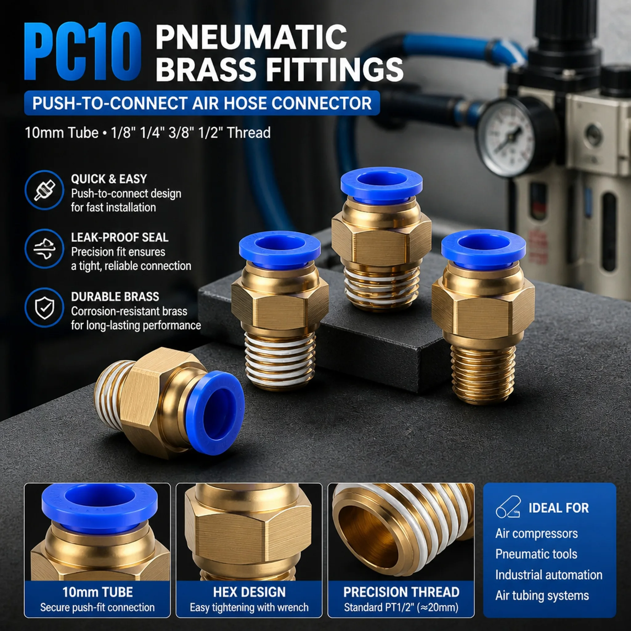 

PC10 Brass Pneumatic Fitting 10mm Tube Push in Quick Release Connector 1/8" 1/4" 3/8" 1/2" Air Hose Thread Joint Adapter