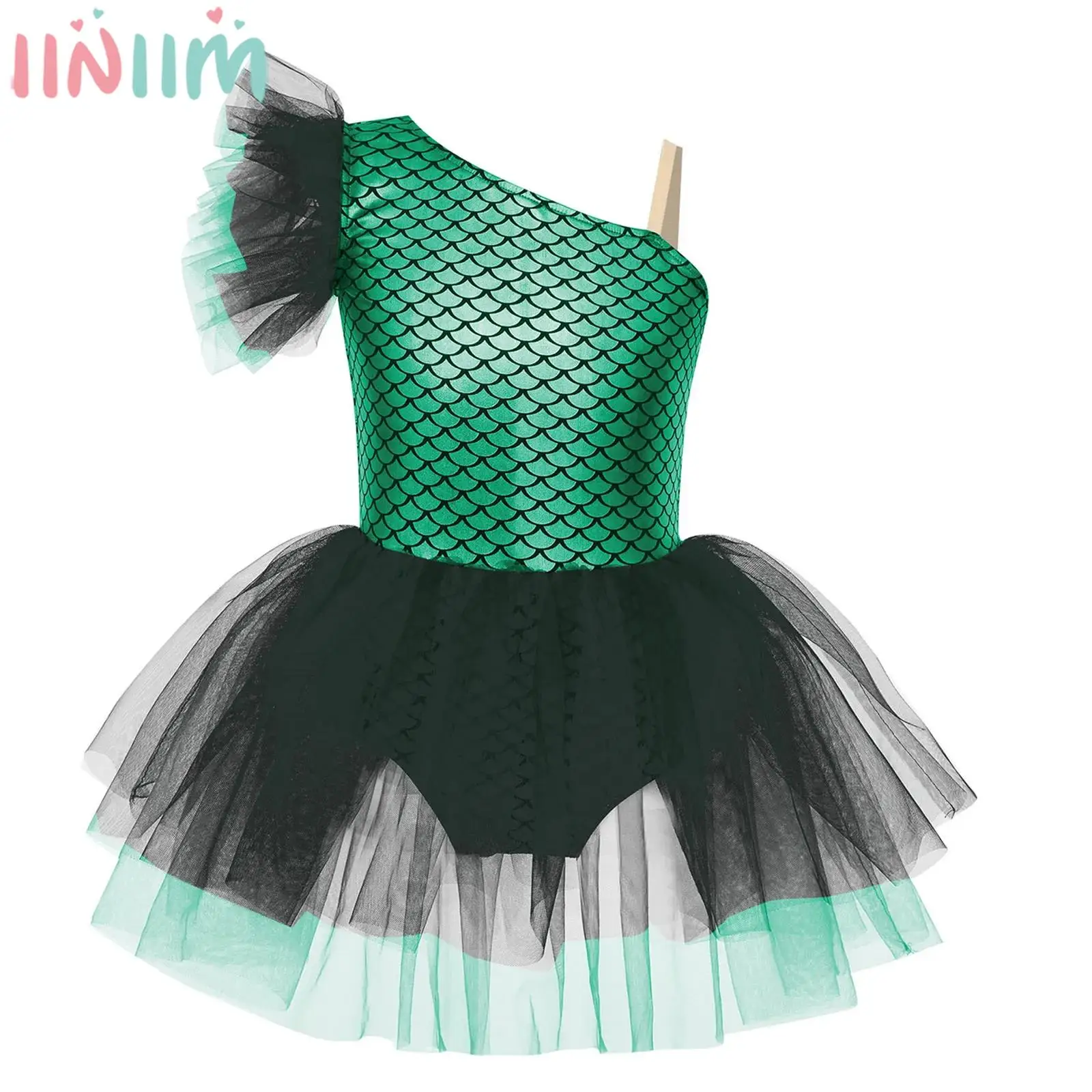 Детское платье для балета и танцев для девочек, фигурного катания, гимнастики, карнавальный костюм на Хэллоуин, костюм русалки с принтом рыбьей чешуи, сетчатый купальник-пачка