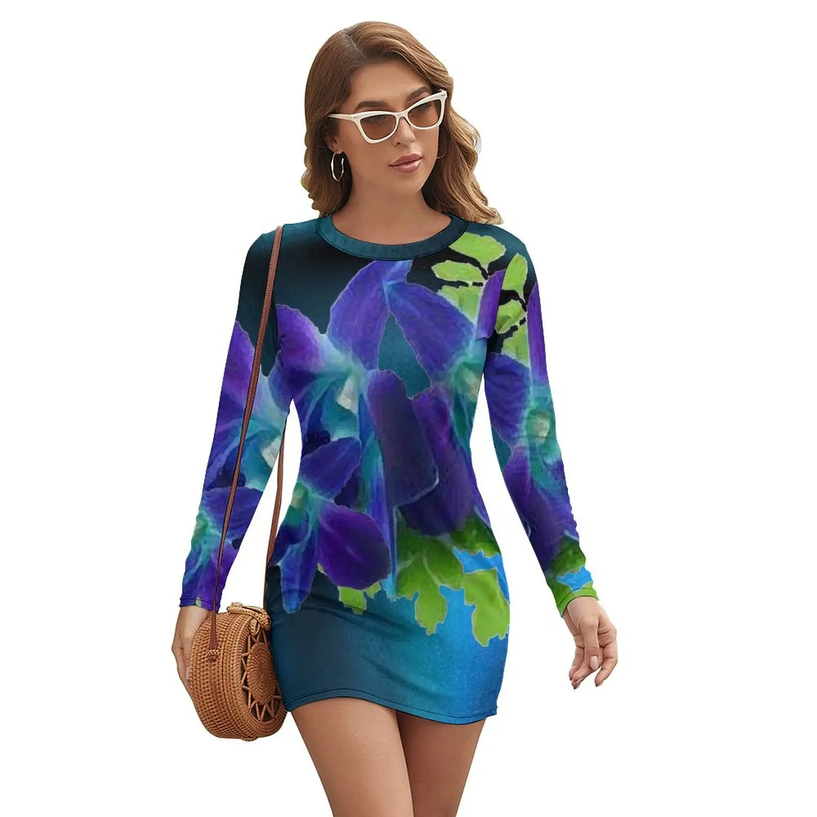 

Hawaiian Blue Orchid and Fern Long-sleeved Dress summer women's dress 2024 clothing women summer 2024