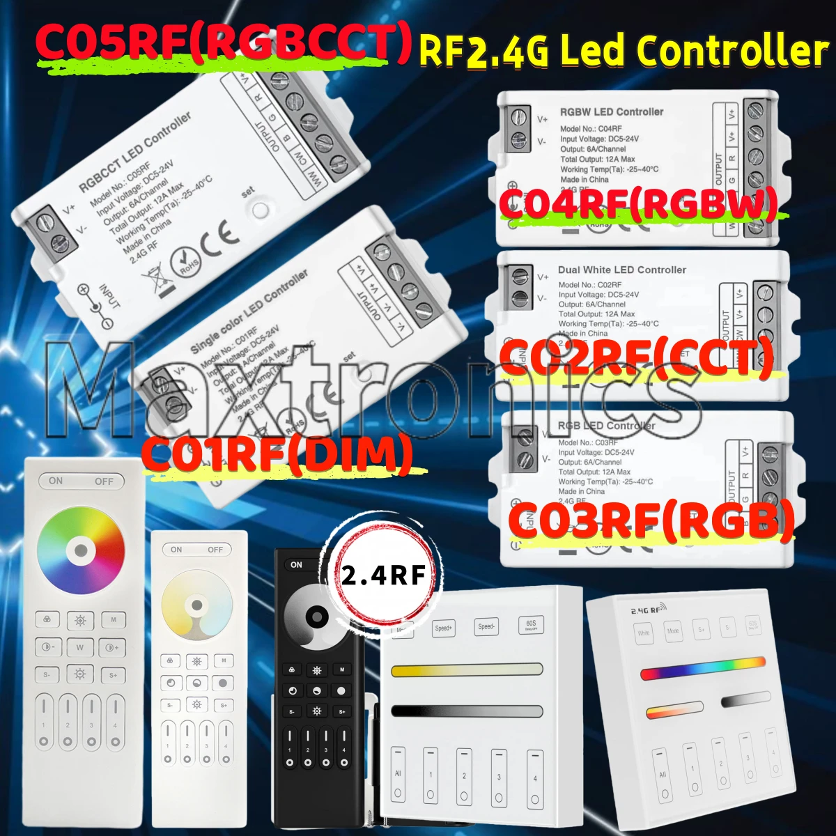 

Беспроводной пульт дистанционного управления DC5-24V RF2.4G для светодиодных лент C01RF/C02RF/C03RF/C04RF/C05RF (для диммируемых, CCT, RGB, RGBW, RGB+CCT светодиодных лент)