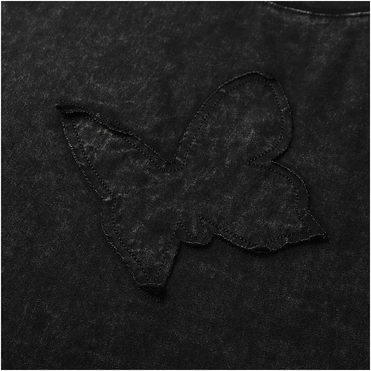 Original American Retro Heavy Washed Vintage Butterfly Embroidery Short Sleeve T-Shirt Round Neck Loose Casual Half Sleeve Top